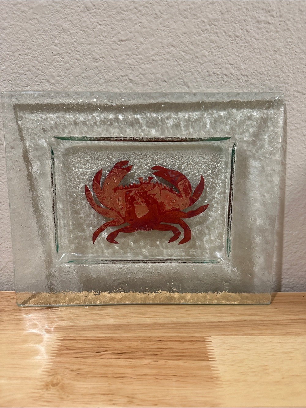 Hand-crafted and signed Charlton Glassworks fused art glass Crab dish 8”x10”
